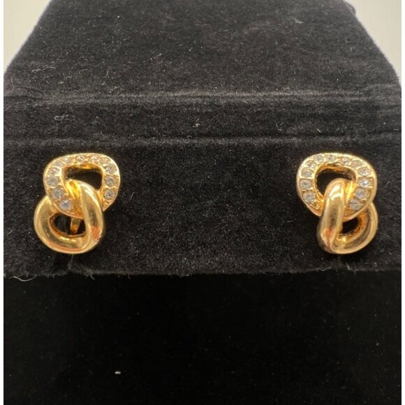 Christian Dior Gold-Tone Knot Clip-On Earrings With Rhinestone Accents Vintage J - Picture 2 of 7